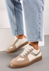 Ciemnobeżowe Sneakersy na Grubej Podeszwie z Ozdobnymi Wstawkami Galivia. Brązowe obuwie sportowe damskie Born2be, z materiału, bez zapięcia. Za 84.99 zł.