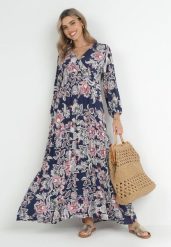 Granatowa Rozkloszowana Sukienka Oversize w Kwiaty Kylia. Niebieskie sukienki damskie Born2be, bez wzorów, bez ramiączek. W wyprzedaży za 67.99 zł.