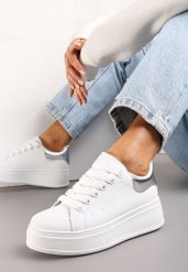 Biało-Srebrne Sneakersy na Platformie Ozdobione Kontrastową Wstawką Aviasta. Białe obuwie sportowe damskie Renee, bez zapięcia. Za 74.99 zł.