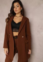 Ciemnobrązowa Marynarka Taliowana Dwurzędowa Swal. Brązowe marynarki i żakiety damskie Renee, l, bez wzorów, eleganckie. Za 139.99 zł.