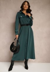 Zielona Satynowa Sukienka w Stylu Szmizjerki z Imitacjami Kieszeni i Paskiem Vaminay. Zielone sukienki damskie Renee, bez wzorów, z satyny, eleganckie, bez ramiączek. W wyprzedaży za 151.99 zł.