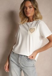 Biała Bawełniana Bluzka Ozdobiona Sercem z Cyrkonii Marionella. Białe bluzki damskie Renee, m, bez wzorów, z bawełny, eleganckie, bez kołnierzyka, bez ramiączek. Za 39.99 zł.