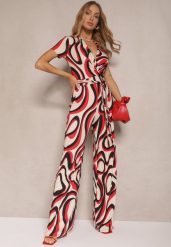 Czerwony Kopertowy Kombinezon z Wiązanym Paskiem w Abstrakcyjny Print Saralen. Czerwone sukienki damskie Renee, bez wzorów, eleganckie, bez ramiączek. W wyprzedaży za 119.99 zł.