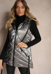 Szara Kamizelka Metaliczna z Pikowaniem i Kapturem Nerianae. Szare kamizelki damskie Renee, na jesień, l, z aplikacjami, z kapturem. Za 189.99 zł.