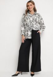 Czarny Komplet Wiskozowy z Koszulą w Kwiaty i Szerokimi Spodniami Hanalore. Czarne koszule damskie Born2be, l, bez wzorów, z materiału, eleganckie, bez kołnierzyka, bez ramiączek. Za 129.99 zł.