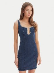 Guess Sukienka jeansowa W6RK69 D55M0 Niebieski Regular Fit. Niebieskie sukienki damskie Guess, z aplikacjami, z jeansu, bez ramiączek. Za 799.99 zł.