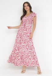 Różowa Rozkloszowana Sukienka Maxi z Wiskozy w Kwiaty Bathan. Czerwone sukienki damskie Born2be, bez wzorów, z wiskozy, bez ramiączek. Za 129.99 zł.