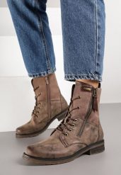 Brązowe Botki Workery ze Sznurowaniem i Zapięciem na Suwak Vemida. Brązowe botki damskie Born2be, z jeansu, eleganckie, bez obcasa, na płaskiej podeszwie, bez zapięcia. Za 149.99 zł.