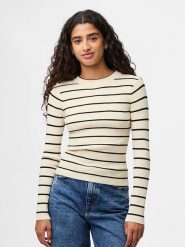 Pieces Koszulka "Pcmira" w kolorze kremowo-czarnym rozmiar: L. Brązowe koszulki damskie Pieces, l, bez wzorów, prążkowane, bez kołnierzyka, bez ramiączek. Za 105.45 zł.