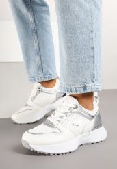 Białe Sneakersy z Trójkątną Aplikacją i Perforacją Sennevia. Białe obuwie sportowe damskie Born2be, z dresówki, bez zapięcia. Za 109.99 zł.
