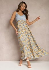 Jasnoniebieska Rozkloszowana Sukienka Maxi z Wiskozy w Kwiatowy Print na Ramiączkach Roisintia. Niebieskie sukienki damskie Renee, bez wzorów, z wiskozy, bez ramiączek. W wyprzedaży za 55.99 zł.
