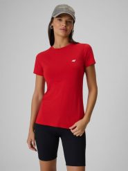 4F T-shirt slim gładki damski - czerwony M. Czerwone t-shirty damskie 4F, m, bez wzorów, z bawełny, bez kołnierzyka. Za 39.99 zł.