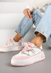 Biało-Różowe Sneakersy na Platformie z Paskiem z Cyrkonii Aneolin. Białe obuwie sportowe damskie Renee, bez zapięcia. Za 89.99 zł.