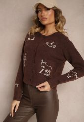Ciemnobrązowy Kardigan z Wełną na Guziki z Haftowanym Wzorem Nelyra. Brązowe kardigany damskie Renee, uniwersalny, bez wzorów, z jeansu. Za 159.99 zł.