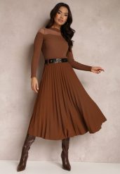 Brązowa Spódnica Plisowana z Paskiem Nanie. Brązowe spódnice damskie Renee, na co dzień, z aplikacjami, eleganckie, midi. Za 84.99 zł.