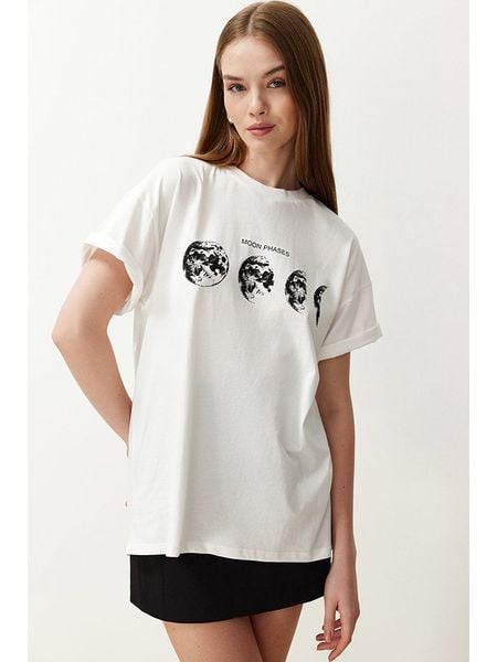 Trendyol Koszulka w kolorze kremowym rozmiar: XL. Brązowe bluzki damskie Trendyol, xl, bez wzorów, z bawełny, bez kołnierzyka, bez ramiączek. Za 32.83 zł.