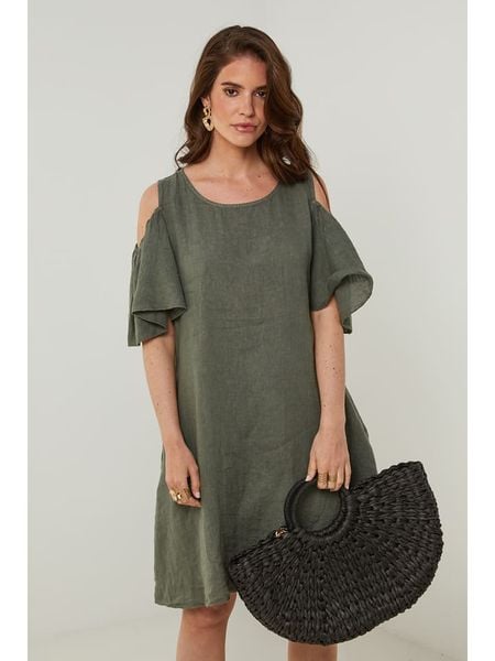 Rodier Lin Lniana sukienka w kolorze khaki rozmiar: S/M. Brązowe sukienki damskie Rodier Lin, bez wzorów, ze lnu, bez ramiączek. Za 140.86 zł.