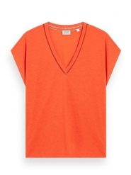 Scotch & Soda Koszulka w kolorze pomarańczowym rozmiar: S. Pomarańczowe koszulki damskie Scotch & Soda, s, bez wzorów, bez kołnierzyka, bez ramiączek. Za 83.22 zł.