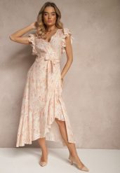Różowa Asymetryczna Sukienka z Bawełny z Falbankami i Kwiatowym Printem Lommea. Czerwone sukienki damskie Renee, bez wzorów, z bawełny, eleganckie, bez ramiączek. W wyprzedaży za 95.99 zł.