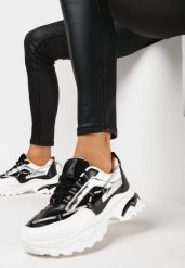 Czarno-Białe Sneakersy na Grubej Podeszwie z Cyrkoniami i Ozdobnym Sznurkiem Evadnie. Czarne obuwie sportowe damskie Born2be, bez zapięcia. Za 119.99 zł.