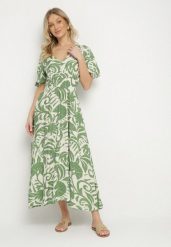 Zielona Rozkloszowana Sukienka z Wiskozy w Roślinny Wzór Ridiata. Zielone sukienki damskie Born2be, bez wzorów, z wiskozy, eleganckie, bez ramiączek. W wyprzedaży za 63.99 zł.