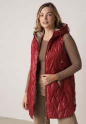 Czerwona Pikowana Kamizelka o Długim Kroju z Nieodpinanym Kapturem w Romby Dephice. Czerwone kamizelki damskie Born2be, l, bez wzorów, z jeansu, z kapturem. Za 139.99 zł.