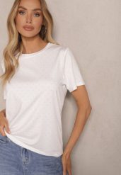 Biały T-shirt z Wiskozą Ozdobiony Cyrkoniami Sanelisea. Białe t-shirty damskie Renee, l, bez wzorów, z jeansu, bez kołnierzyka. Za 69.99 zł.