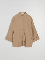 Wiskozowa koszula ze ściągaczem w talii - beżowy. Brązowe koszule damskie Sinsay, l, bez wzorów, z wiskozy, bez kołnierzyka, bez ramiączek. Za 59.99 zł.