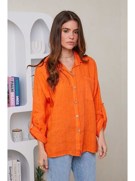 Rodier Lin Lniana koszula w kolorze pomarańczowym rozmiar: XL/XXL. Pomarańczowe koszule damskie Rodier Lin, xl, bez wzorów, ze lnu, bez kołnierzyka, bez ramiączek. Za 145.26 zł.