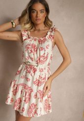 Różowa Sukienka z Wiskozą Ozdobiona Falbanką Ellitne. Czerwone sukienki damskie Renee, bez wzorów, z materiału, eleganckie, bez ramiączek. W wyprzedaży za 39.99 zł.