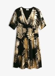 Sukienka z dżerseju ze złotym nadrukiem. Czarne sukienki damskie bonprix, bez wzorów, z dżerseju, eleganckie, bez ramiączek. Za 142.99 zł.