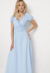 Jasnoniebieska Wiskozowa Sukienka z Gumką w Pasie i Trójkątnym Dekoltem Quneri. Niebieskie sukienki damskie Born2be, bez wzorów, z jeansu, eleganckie, bez ramiączek. Za 79.99 zł.