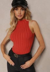 Pomarańczowy Top z Golfem i Wiskozą z Prążkowanego Materiału Lilithea. Brązowe golfy damskie Renee, m, bez wzorów, z jeansu, bez ramiączek. Za 69.99 zł.