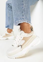 Beżowe Sneakersy na Grubej Podeszwie z Ozdobną Perforacją Colia. Brązowe obuwie sportowe damskie Born2be, bez zapięcia. Za 44.99 zł.