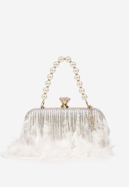 Srebrna Torebka Kopertówka Vices z Łańcuszkiem Zdobiona Piórami i Perłami Fessoria. Szare torebki klasyczne damskie Renee, małe, zdobione, bez dodatków. Za 69.99 zł.