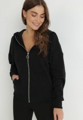 Czarna Bluza z Kapturem i Suwakiem Oversize Hil. Czarne bluzy damskie Born2be, xl, bez wzorów, z dzianiny, z kapturem. Za 44.99 zł.