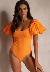 Pomarańczowe Body z Prążkowanej Tkaniny i Ozdobnymi Bufiastymi Rękawami Lenitte. Brązowe body i gorsety Renee, bez wzorów, prążkowane. Za 59.99 zł.