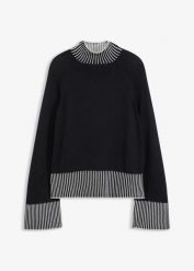 Sweter ze stójką, z miękką mieszanką kaszmiru. Czarne swetry klasyczne damskie bonprix, z kaszmiru, bez kołnierzyka. Za 144.99 zł.