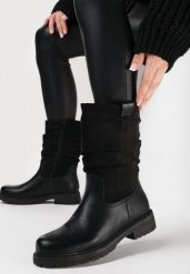 Czarne Ocieplane Botki z Marszczoną Cholewką Rabaria. Czarne botki damskie Born2be, na zimę, z jeansu, eleganckie, bez obcasa, na obcasie, bez zapięcia. Za 59.99 zł.