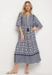 Granatowa Bawełniana Sukienka w Stylu Boho z Wiązaniem Przy Dekolcie Orradelle. Niebieskie sukienki damskie Born2be, bez wzorów, z bawełny, boho, bez ramiączek. Za 99.99 zł.