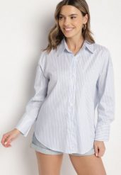 Niebieska Bawełniana Koszula Oversize w Prążki Zdobiona Metaliczną Nicią Paserella. Niebieskie koszule damskie Born2be, l, z aplikacjami, z bawełny, eleganckie, bez kołnierzyka, bez ramiączek. Za 89.99 zł.