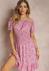 Różowa Bawełniana Sukienka Midi Hiszpanka z Gumką w Pasie Dnise. Czerwone sukienki damskie Renee, bez wzorów, z bawełny, bez ramiączek. W wyprzedaży za 39.99 zł.