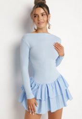 Niebieska Rozkloszowana Sukienka z Długim Rękawem i Falbanką Reonaria. Niebieskie sukienki damskie Born2be, bez wzorów, eleganckie, bez ramiączek. W wyprzedaży za 84.99 zł.