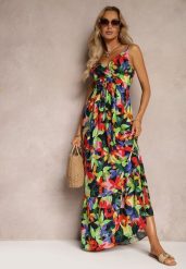 Czarno-ZIelona Kopertowa Sukienka z Wiskozy na Ramiączkach i Gumką w Talii Tiamali. Czarne sukienki damskie Renee, bez wzorów, z wiskozy, eleganckie, bez ramiączek. W wyprzedaży za 41.99 zł.