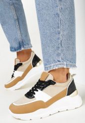 Brązowe Sneakersy na Platformie z Metaliczną Wstawką na Pięcie Jomir. Brązowe obuwie sportowe damskie Born2be, ze skóry, bez zapięcia. Za 69.99 zł.
