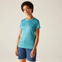 Damska koszulka turystyczna z krótkim rękawem Fingal Edition. Niebieskie bluzki damskie Regatta, bez wzorów, eleganckie, bez kołnierzyka, bez ramiączek. W wyprzedaży za 81.30 zł.