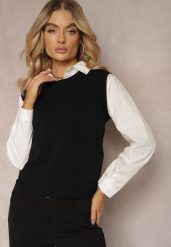 Czarna Kamizelka z Klasyczną Koszulą Nellamira. Czarne koszule damskie Renee, bez wzorów, klasyczne, bez kołnierzyka, bez ramiączek. Za 129.99 zł.