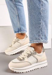 Beżowe Sneakersy na Grubej Podeszwie Ozdobione Brokatem Niretha. Brązowe obuwie sportowe damskie Born2be, z jeansu, bez zapięcia. Za 99.99 zł.