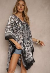 Czarne Ponczo Narzutka z Wiskozy i Jedwabiu w Stylu Boho Acera. Czarne swetry klasyczne damskie Renee, na lato, z materiału, bez kołnierzyka. Za 39.99 zł.