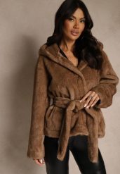 Jasnobrązowa Futerkowa Kurtka z Kapturem i Wiązanym Paskiem Zetele. Brązowe kurtki damskie Renee, l, bez wzorów, z jeansu, z kapturem. Za 229.99 zł.